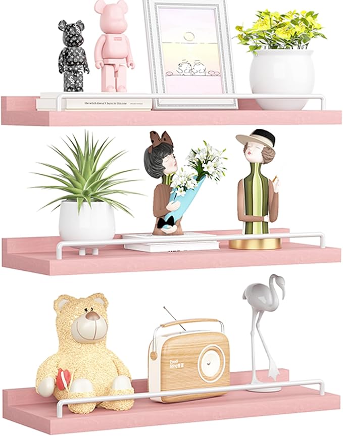 RYOFOBETTO Pink and White Floating Shelves, Kawaii Room Decor Wall Shelves - Set of 3 for Living Room, Bedroom, Kitchen, Picture Frames, Plants