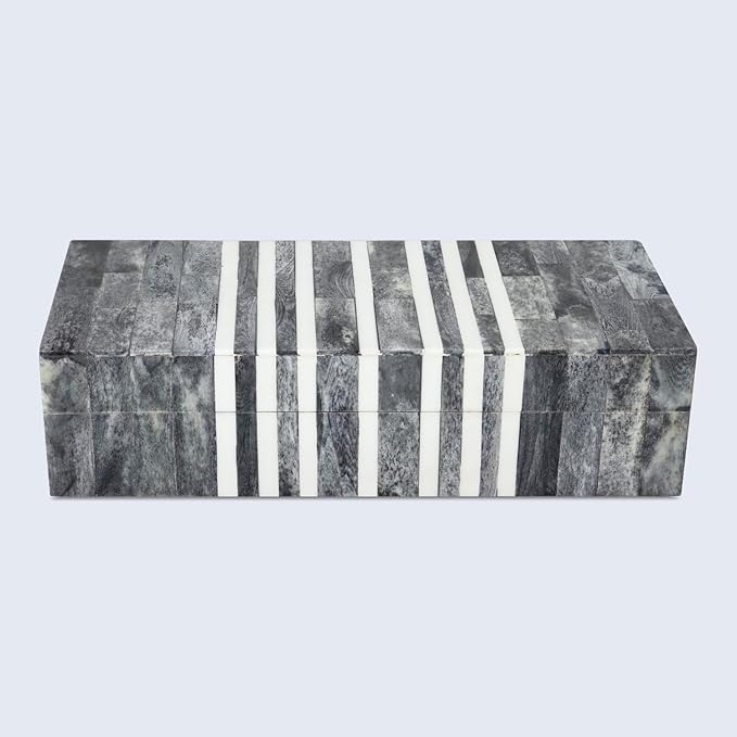 Handicrafts Home Decorative Storage Box with Lid, Patisserie Cafe Stripe Pattern Coffee Table Storage Box Organizer, Wooden Keepsake Jewelry Box, Kitchen Counter Console Box, Grey & White, 10x4.5x2.5