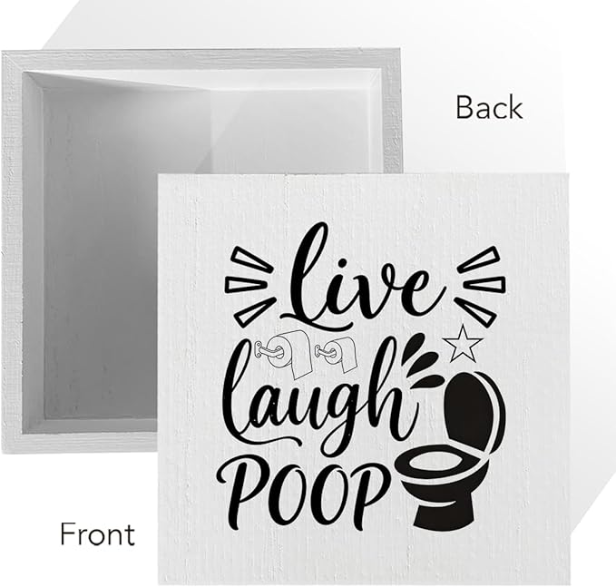 Funny Rustic Bathroom Decor Wooden Box Sign 5x5 Inch - "Live, Laugh, POOP" Humorous Restroom Shelf Wall Countertop Ornament, Farmhouse Style Decor for Guest Bathroom & Housewarming Gif