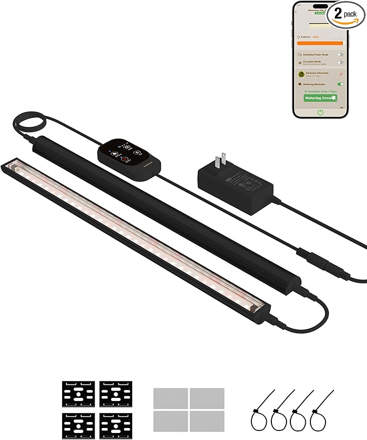 GLOWRIUM Smart Grow Lights for Indoor Plants with APP, Full Spectrum Grow Lights for Seed Starting, G6 Plant Light Strip with auto Timer, 3 Angle dimming Levels for Plant Shelf, 2-Pack (Black, 16W)