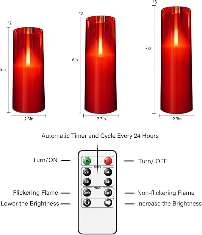 kakoya Flameless LED Candles Upgraded Realistic Flickering Flame,7Pcs Battery Operated Candles with Remote Timers,LED Pillar Candles for Home Decor,Christmas,and Parties(Red)