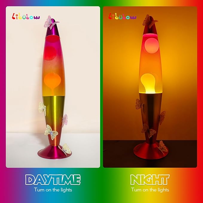 16 Inch Rainbow Motion Lamp with Butterfly Embroidery, 2 Bulbs, Mood Lighting Butterfly Lamp, Relaxing Night Light for Adults, Teens and Kids, Room Decor, Present, Purple Orange Yellow