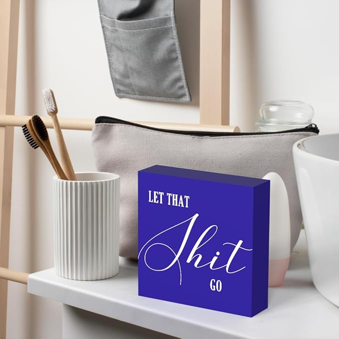 Funny Bathroom Decor Blue Wood Box Sign, Humorous Farmhouse Toilet Sign with Quote, Restroom Shelf Decor for Guest Bath, Tabletop Countertop