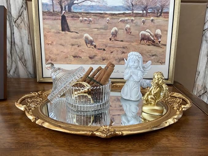 Schones Geschaft Decorative Mirror Tray, Makeup Jewelry Perfume Organizer，Vintage Oval Display and Serving Tray for Bedroom Living-Room Dresser Decor (14.6”x 9.8”) (Golden - Oval)