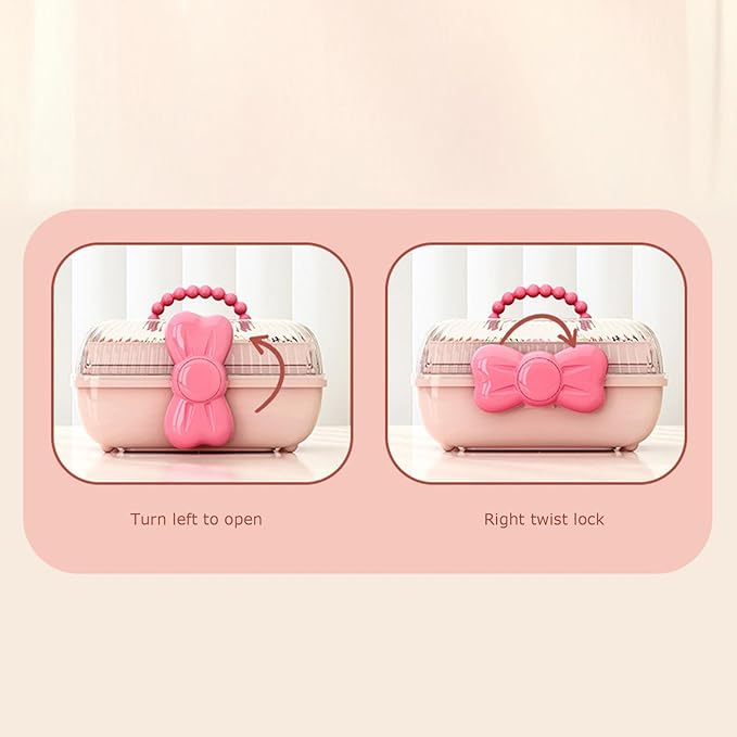 Cute Girls Hair Accessories Storage Box Bow Switch Organizer Box Jewelry Box | Kids Hair Accessories Organizer | 3 Layers Foldable Storage Box with Handle Plastic Makeup Jewelry Holder (Pink)