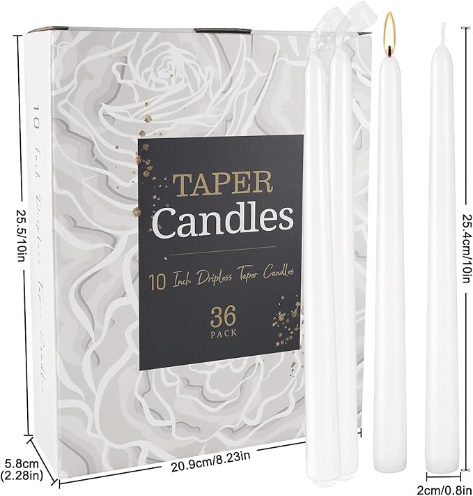YOROXRG 36 Pack White Taper Candles, 7-8 Hours Burn Time, Unscented, Smokeless and Dripless, 0.8 x 10 Inch Dinner Candle Set for Household, Wedding, Party and Home Décor Candlesticks