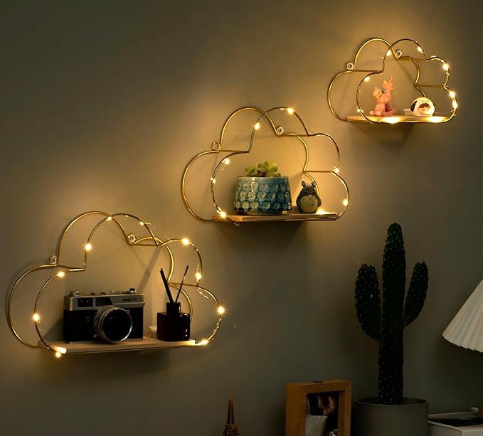 Golden Cloud Shape Floating Shelves with LED Lights Wall Decor,Gold Metal Wire and Wood Base Wall Mounted Shelf Decorations for Home Bedroom Living Room - Set of 3
