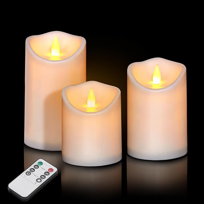 Artmarry Flameless Candles 4" 5" 6" Outdoor Indoor Pillars Battery Operated Flickering Candles Include 8-Key Remote Timer 400+ Hours by 2 AA Batteries (White Candle - Warm Light,3 Pack)