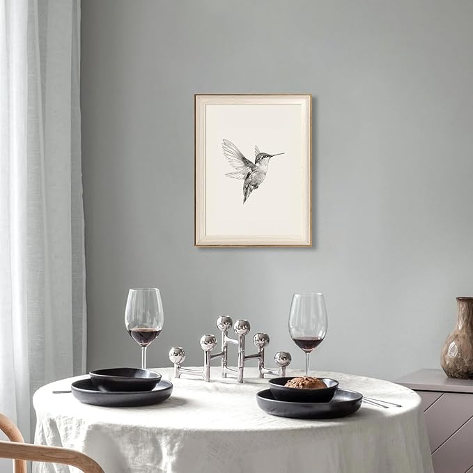 ASTRDECOR Hummingbird Wall Art Prints – Vintage Black and White Bird Sketch Painting Picture, Rustic Neutral Decor Canvas Wall Decor for Modern Home and Bedroom Decoration – Framed 12''x16''