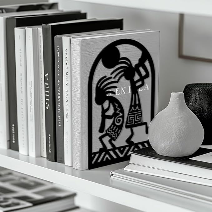 Peacoblue Metal Bookends for Shelves, Modern Decorative Heavy Duty Study Book Ends Stoppers for Office, Desk, Shelf, Room 5.3"x4.3"x7.9" Cast Iron Tall Bookends 1 Pair (Kokopelli Tribal-Flute Player)