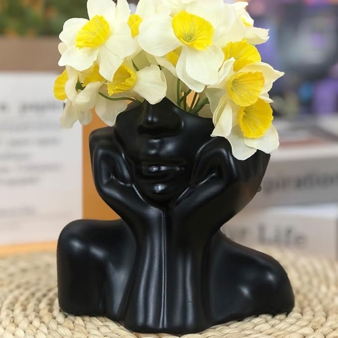 Face Vase – Small Human Body Art Vase in Resin,Women’s Head Shape for Flowers, Makeup Organizer & Desk Decor (Black)