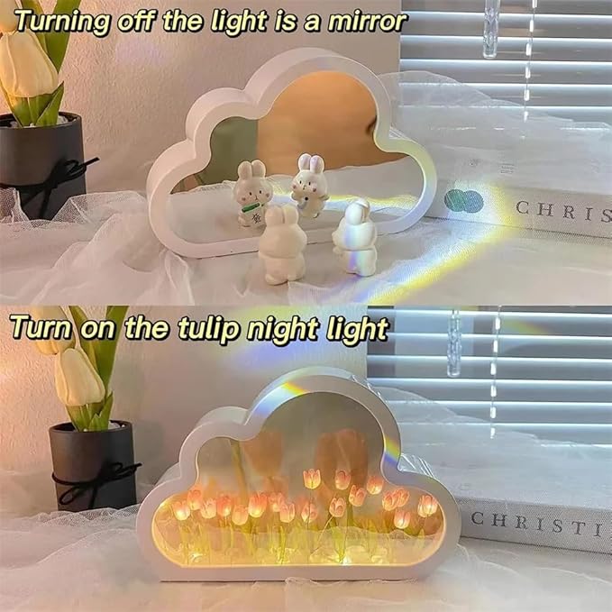 LOGAZOO (20 Flower) Tulip Lamp Night Light with Mirror, Assembled Artificial Flower Lamp Table Light Bedroom Decoration Gift for Women Girlfriend Sisters Desk Table Decor, Cloud Design (Pink)