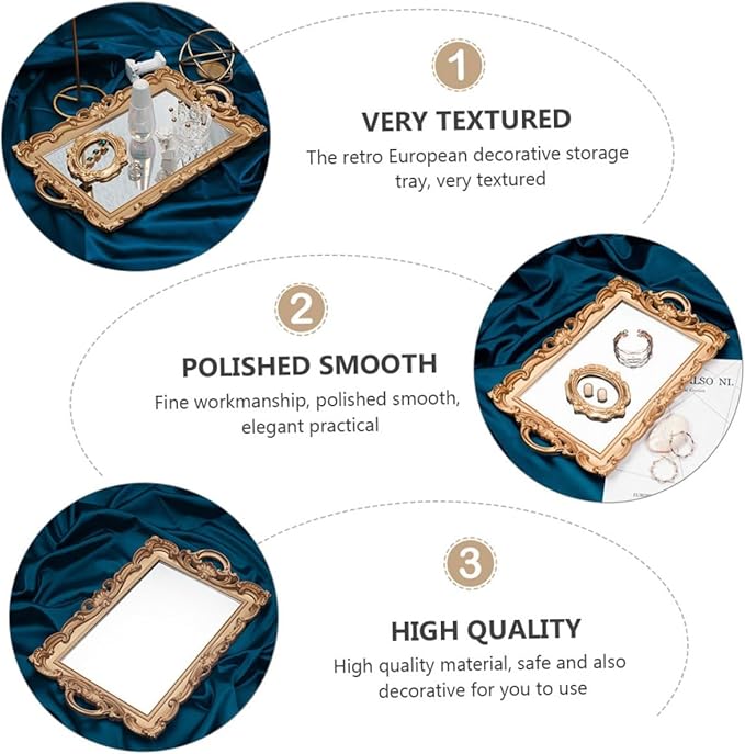 Artibetter Retro European Mirror Tray Decorative Makeup Organizer Perfume Storage Plate Golden Rectangular Household Vanity Display Accent for Home Décor