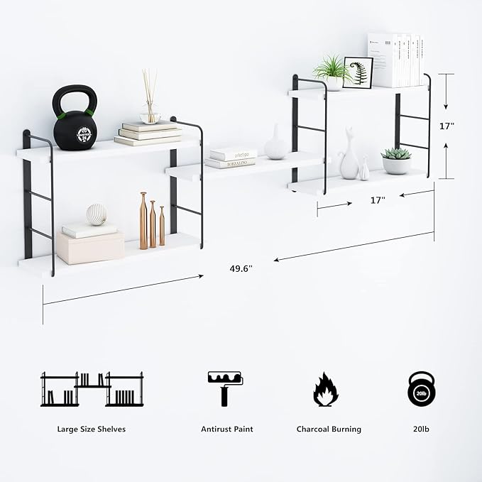 MXCSE Wall Shelves, Wall Mounted Bookshelves, DIY Floating Shelves for Wall, Wood Hanging Book Shelves for Room, Bedroom, Living Room, Easy Installation (White, 50W x 17H)