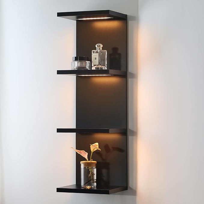 4 Tier LED Wall Shelf - Modern Floating Shelves for Makeup Vanity, Bedroom, Living Room | Easy Install Cosmetic & Display Lack Shelf, Black