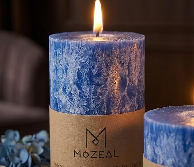 MOZEAL Hand-Poured, Unscented Blue Crystal Pillar Decorative Candles, Elegant Set of 3 in Different Sizes (3"x4", 3"x5", 3"x6"), Luxurious Décor for Homes & Events