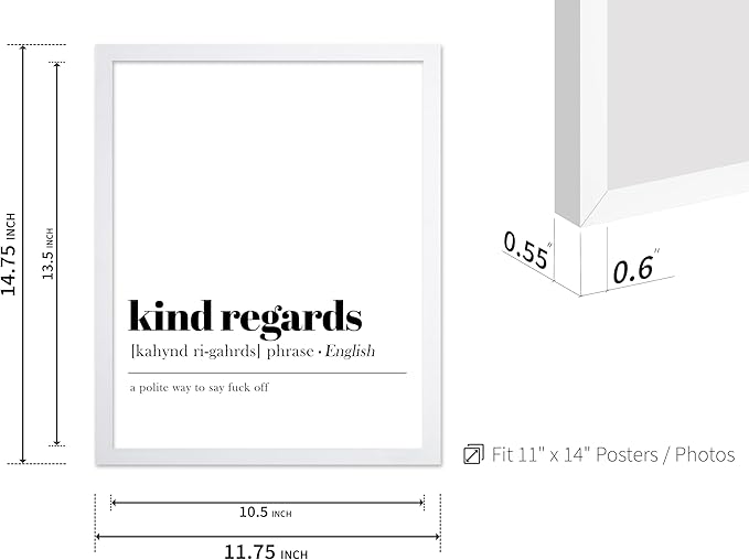 Poster Master Typography Poster - Dictionary Print - Kind Regards Definition, Polite Way to Say Fuck Off, Funny - Gift for Colleague, Friend - Wall Decor for Home, Office, 11x14 White Framed