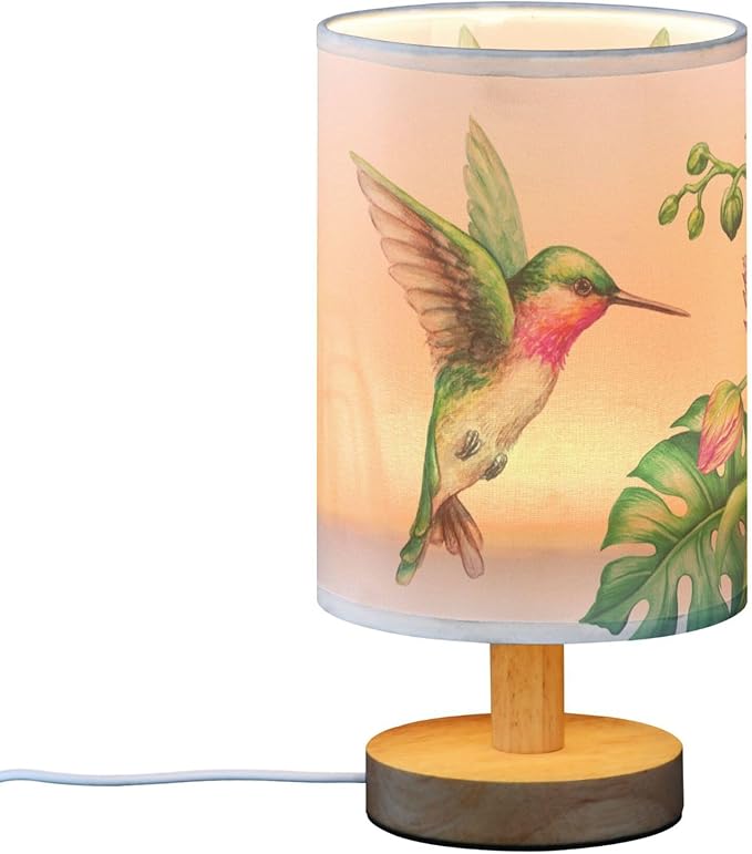 Table Lamp Flying Hummingbird Nature Tropical Orchid Flower Jungle Leaves Nightstand Lamp with Wood Base Fabric Lamp Shade Bedside Desk Lamp for Living Room Bedroom Kids Room Office