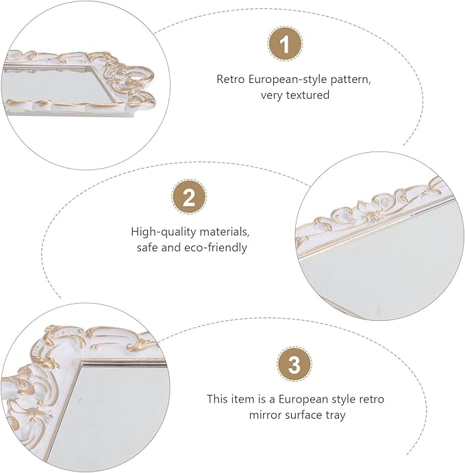 Lurrose Vintage Mirror Jewelry Tray Retro Cosmetic Storage Plate White Rectangular Perfume Photography Prop Decorative Makeup Organizer for Vanity and Dresser