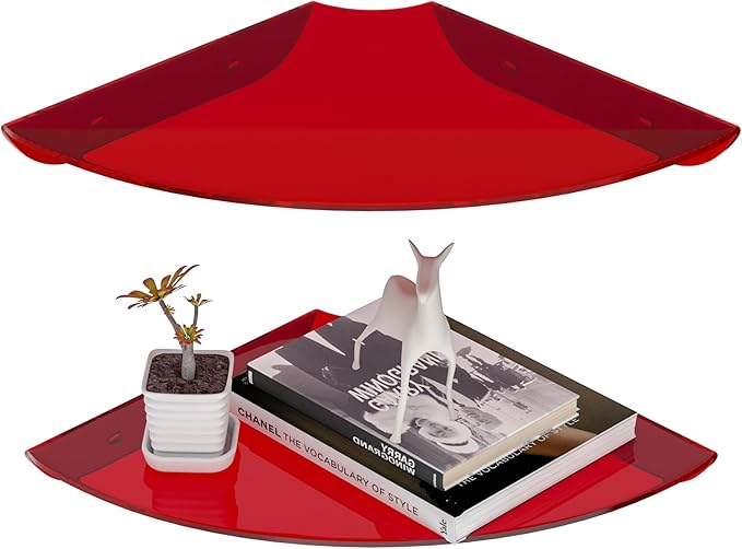 Sezanrpt 9.5x9.5 Inch Acrylic Corner Floating Shelf Set of 2, Red Corner Wall Shelf for Home Décor, Speakers, Security Cameras, Toileries, Plants, Figures, Cosmetics, Books
