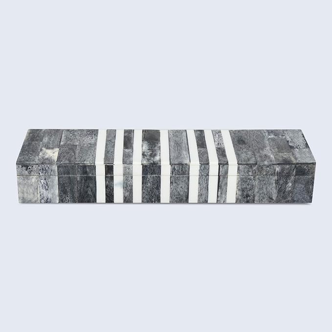 Handicrafts Home Decorative Storage Box with Lid, Patisserie Cafe Stripe Pattern Remote Holder Box, Slim Coffee Table Storage Organizer, Wooden Kitchen Counter Desk Shelf Box, Grey & White, 10x2.5x1.5