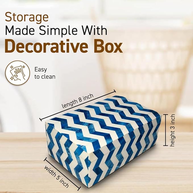 Perilla Home ﻿Home Decor Decorative Storage Wooden Box Small Wooden Organizer Tool Stash Card Craft Trinket Memory Keepsake Jewelry Box for Men and Women, Chevron, Gifts For All, Blue and Off White