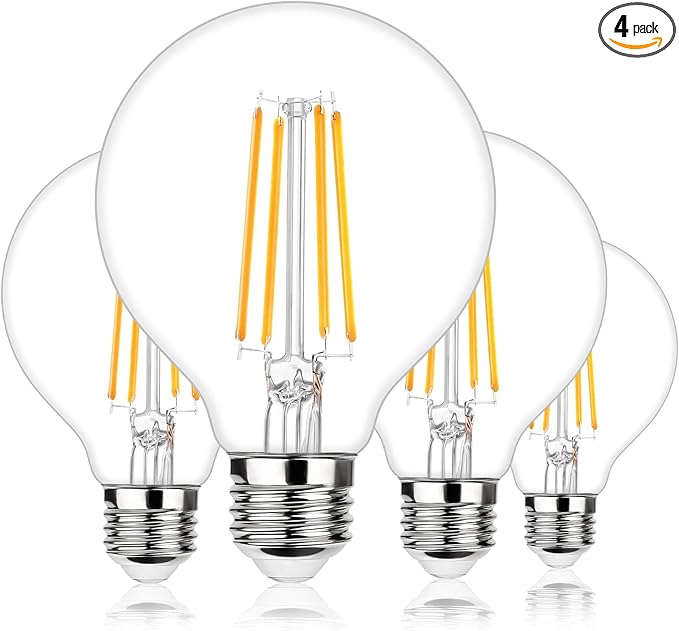 G25 LED Globe Light Bulbs, Dimmable Edison Filament Vanity Light Bulbs, 8W 100W Equivalent, 1200 Lumens Bright, 2700K Soft White, E26 Medium Base Clear Glass for Bathroom Vanity Mirror, 4 Pack