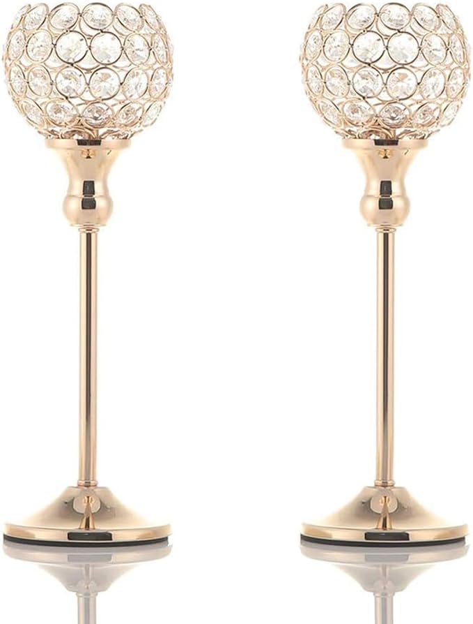 VINCIGANT Gold Crystal Candle Holders Set of 2 for Fireplace Coffee Table Mantle Decor,Wedding Home Halloween Decoration Centerpieces