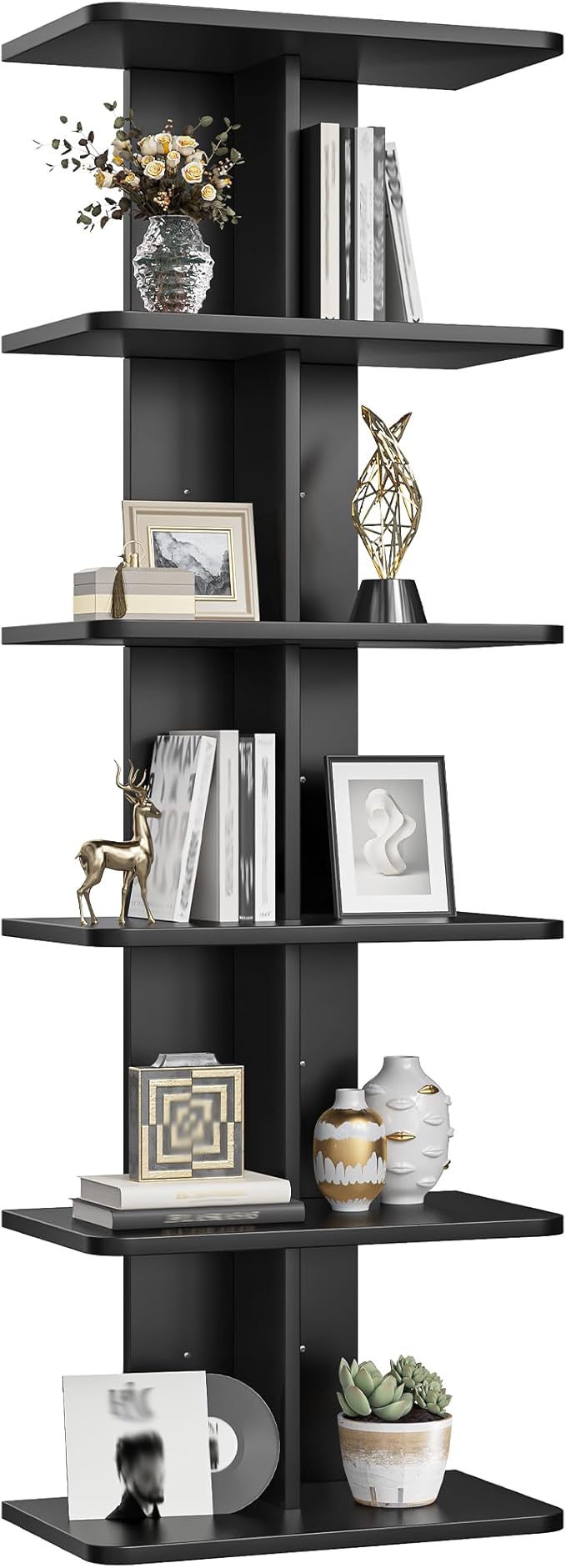 REIBII 6 Tier Floating Shelves, Vertical Column Black Wall Shelves for Home Decor, Floating Shelf for Living Room, Bedroom, Office