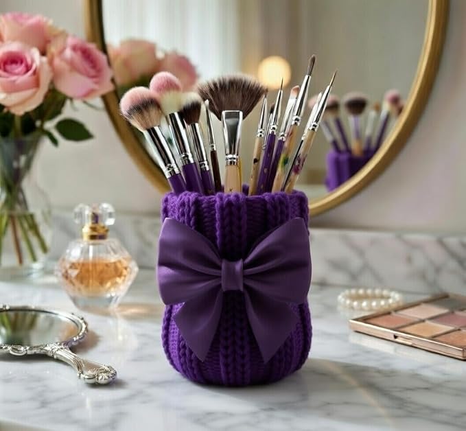 Knitted Bowknot Makeup Brush Holder, Cute Bow Vase, Pen Organizer for Kitchen, Bathroom or Office (Purple)