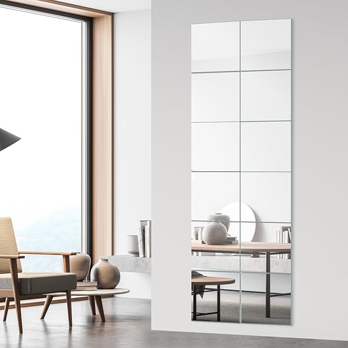 JAMBALAY Home Gym Mirrors for Gym, 12Pcs 12″×12″ Square HD Glass Full Length Wall Mirror Tiles, Self Adhesive Frameless Wall Mirror for Bedroom, Living Room, Over The Door