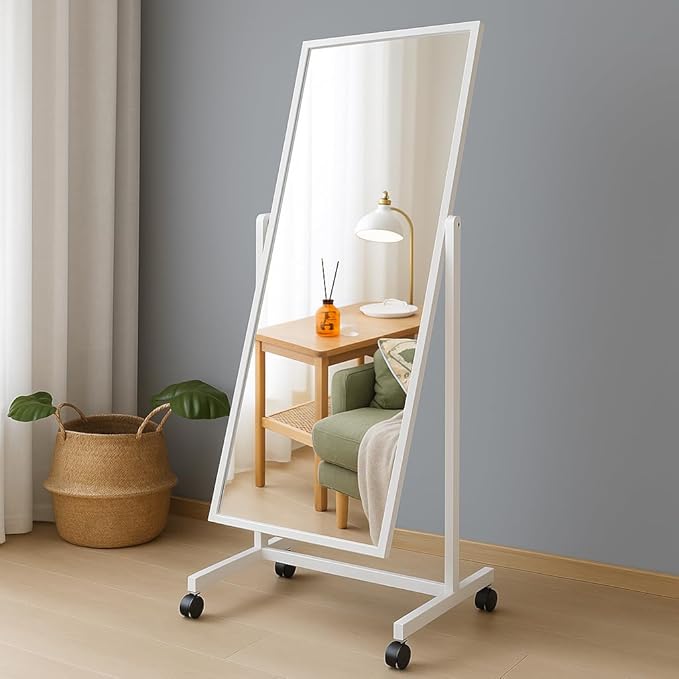 Swivel Tilting Full Length Mirror on Wheels 65"x22", Pine Wood Frame Cheval Floor Rolling Mirror Full Body with Standing Holder for Bedroom, Babershop, Home Gym, Angle Adjustable (White)