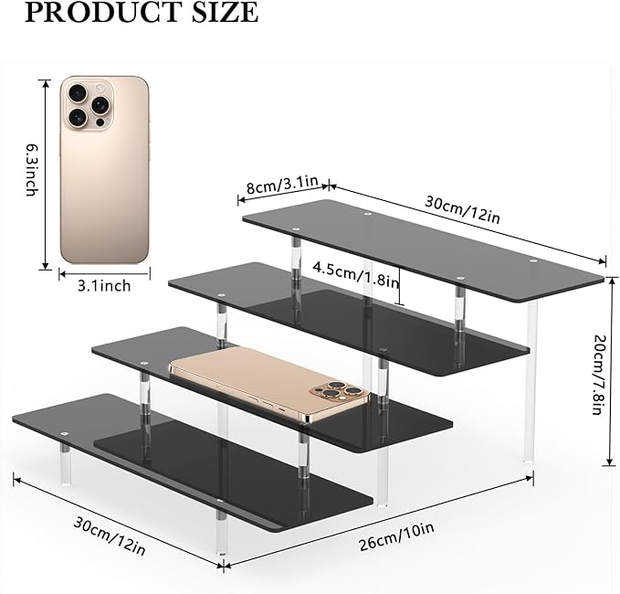 Acrylic Riser Display Stand, Black 4 Tier Cupcake Stand Display Risers Shelf Perfume Cologne Organizer Compatible with Funko Pop Food Dessert Makeup Skincare Cosmetics Lotion Organizer (1 PACK)