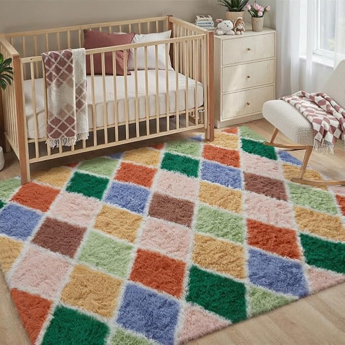 PureCozy 4x6 Checkered Rug for Living Room Colorful Modern Soft Area Rug Fluffy Non-Slip Carpet for Bedroom Playroom Home Aesthetic Decor