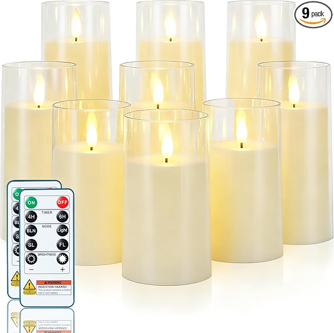 Homemory Ivory Flickering Flameless Candles, Battery Operated Acrylic LED Pillar Candles with Remote Control and Timer, Set of 9