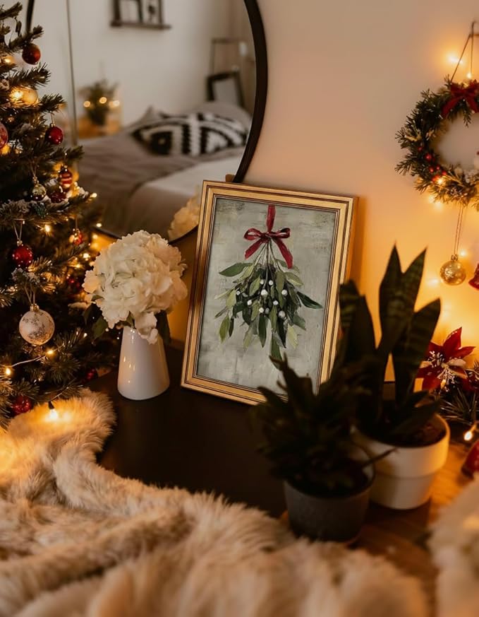InSimSea Gold Framed Christmas Wall Art, Vintage Canvas Prints Decor, Mistletoe Paintings Wall Shelf Decor, Farmhouse Pictures for Winter Bedroom Holiday Decoration Gifts, 12x16inch