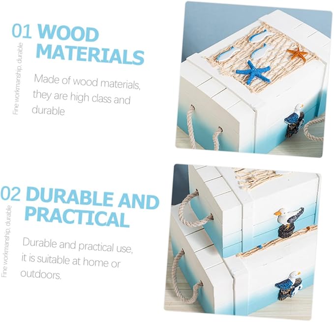 Alipis 2pcs Nautical Beach Jewelry Storage Boxes Wooden Keepsake Trunks Mediterranean Style Makeup Organizer Decorative Desktop Props for Home and Photography