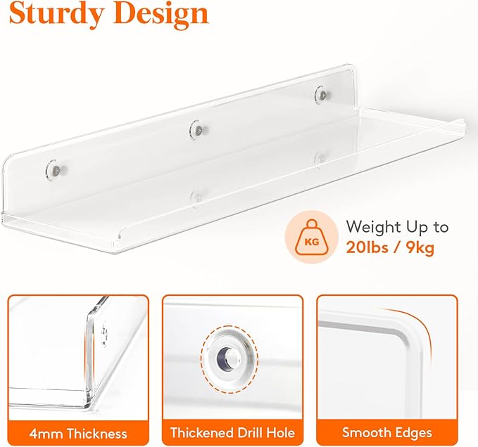 Lifewit Floating Shelves for Bathroom, 15" Acrylic Wall Organizer for Perfume, Makeup, Figures, Nail Polish, Photo, Book, Decor Display Rack for Nursery, Living Room, Bedroom, Kitchen, Clear, 2 Pack