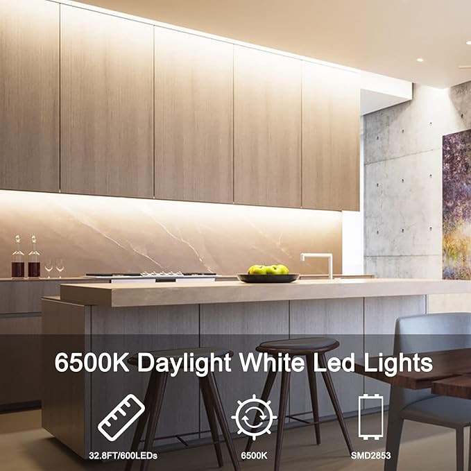 VOLIVO White LED Strip, 32.8ft Dimmable LED Strip 6500K Bright Daylight White, Strong Adhesive, Flexible Tape Light for Mirror, Kitchen Cabinets, Bedroom