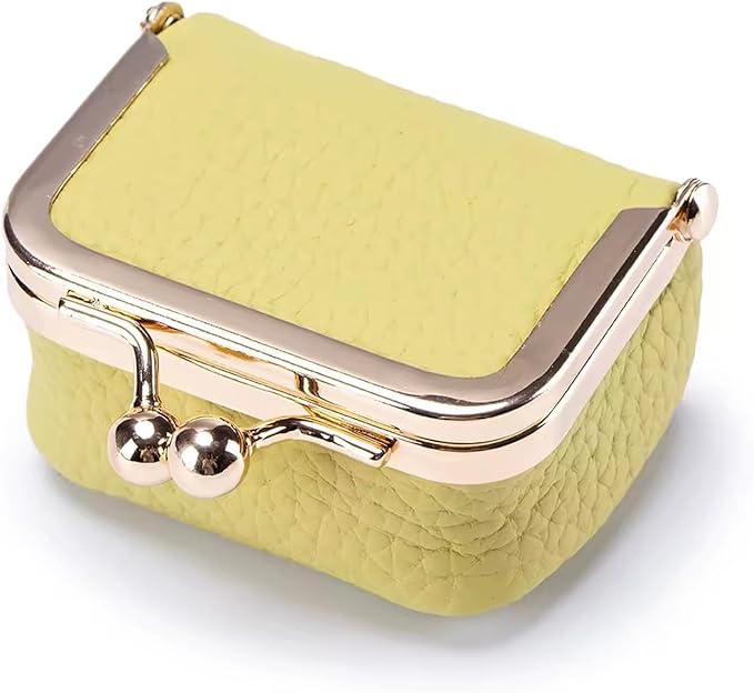 Genuine Leather Mini Jewelry Box for Women, Square Coin Purse with Kiss Lock, Jewelry Organizer Travel Case (Medium, Yellow)