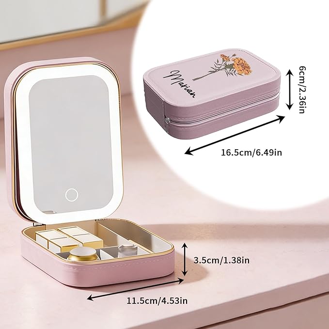 Personalized Travel Jewelry Case with LED Mirror, Custom Jewelry Box with Birth Flower & Name, Customized Leather Makeup bag, Portable Organizer Box Gifts for Women, Mother, Daughter