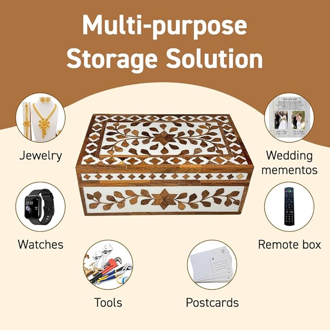 Perilla Home Home Decor Decorative Storage Wooden Box Small Floral Organizer Tool Stash Card Craft Treasure Trinket Memory Keepsake Jewelry Box for Men and Women, Gifts For All, Brown and Off White