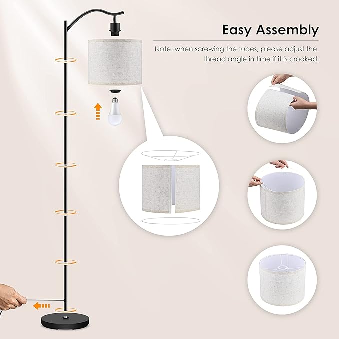 BoostArea Floor Lamp for Living Room,LED Arched Floor Lamps,Modern Standing Lamp with Beige Linen Shade,Footswitch,Mid Century Floor Lamp for Bedrooms,Study Room,Office(Bulb Not Incl)