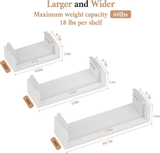 SRIWATANA Floating Shelves Wall Mounted, Solid Wood Wall Shelves, White