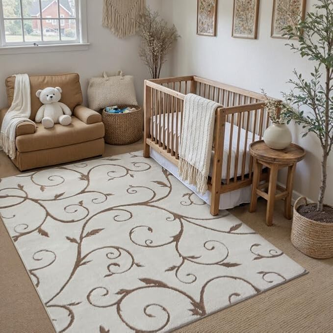 PureCozy Washable Neutral Area Rug 4x6 Beige Soft Shag Rugs for Kids Room Modern Boho High Pile Non-Shedding Throw Rugs Non Slip Indoor Office Carpet for Playroom Bedroom Living Room