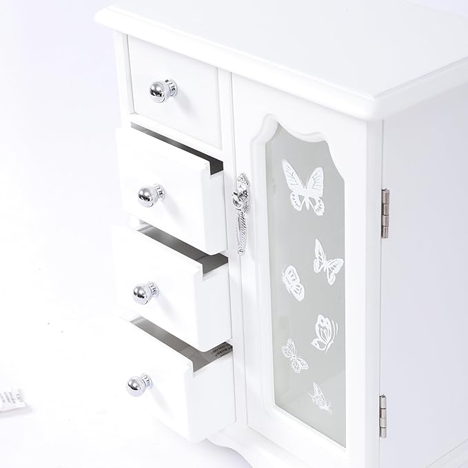 AngelcityCC White Jewelry Box Wooden Makeup and Accessories Organizer Ring Storage with 4 Drawers and Swing Door