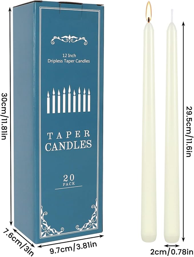 Howemon 20 Pack Ivory Taper Candles 12 Inch Tall 3/4 Inch Thick Burn 10 Hours