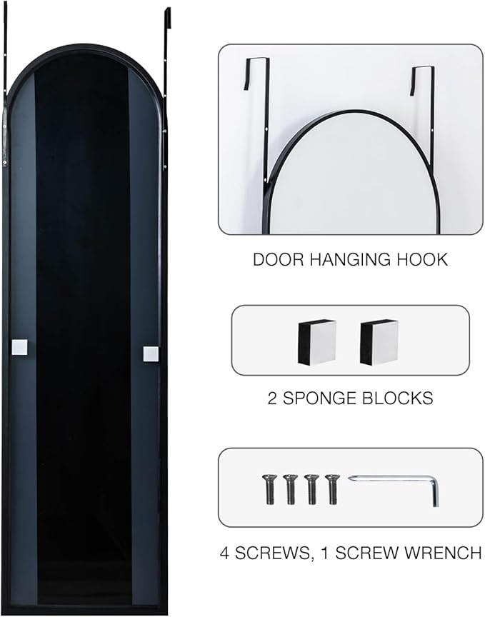 KOMCOTE Full Length Mirror 48x14 Inches - Over The Door Hanging Mirror for Bedroom, Living Room, Closet - Arch Floor Mirror, Door Mirror with Black Frame - No Drill Easy Install