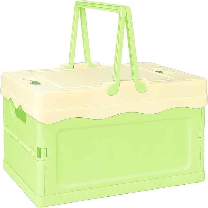 Tobeso-Nuoze Pastel Plastic Storage Bin with Lid Small Cute Foldable Pastel Crates Plastic Basket Colorful Storage Containers Baskets for Classroom Kitchen Office Bedroom Desktop Home Decor (Green)