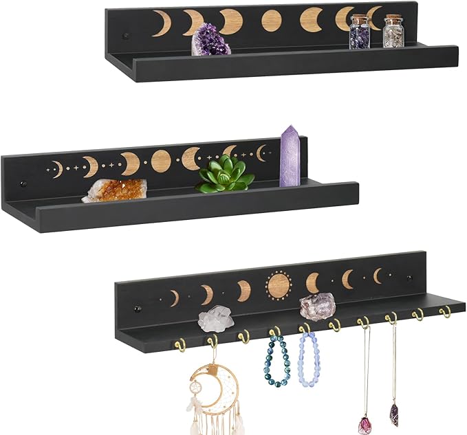 Crystal Shelf with Hooks Set of 3, Moon Shelf Display Wall Mount, Wood Floating Shelves for Celestial Decor and Room Decor, Crystal Display Shelf Holder for Stones, Essential Oils (Black)